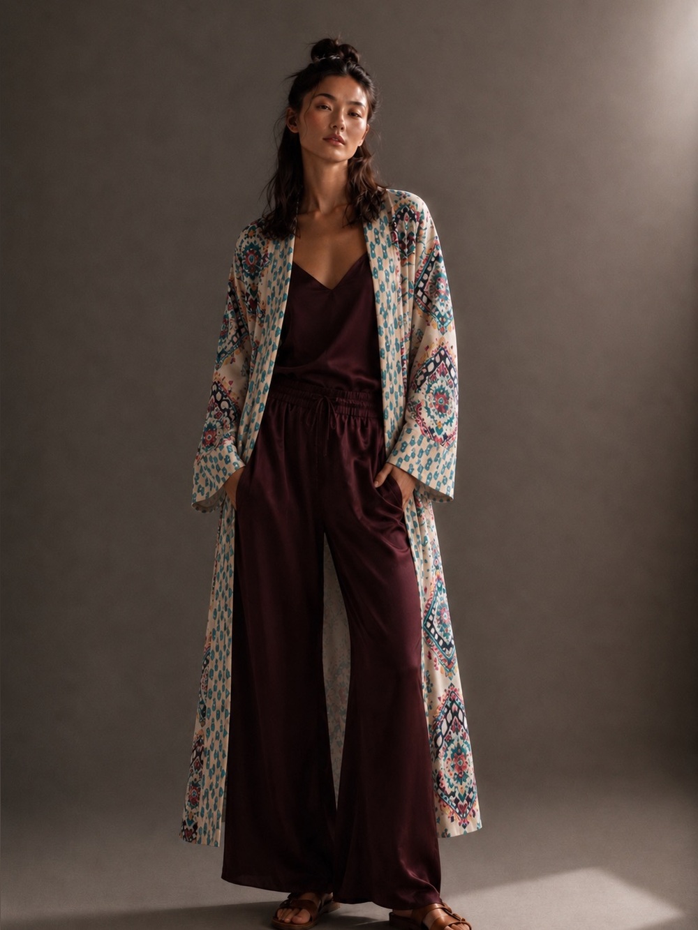 Boutique Printed Maxi Kimono Duster Boho Layer